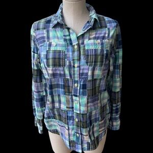 LL Bean Patchwork Shirt | Plaid Button Front Long Sleeves Classic Collar | Sz S